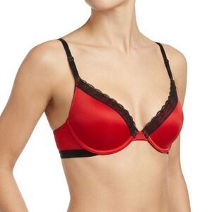 PINK Victoria's Secret Red Black Lace Trim Underwire Push-Up Plunge Bra Size 36C